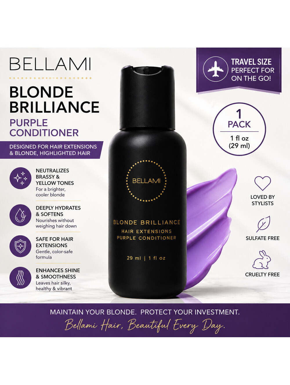 Bellami Blonde Brilliance Purple Conditioner Hair Extensions Travel 1oz NEW